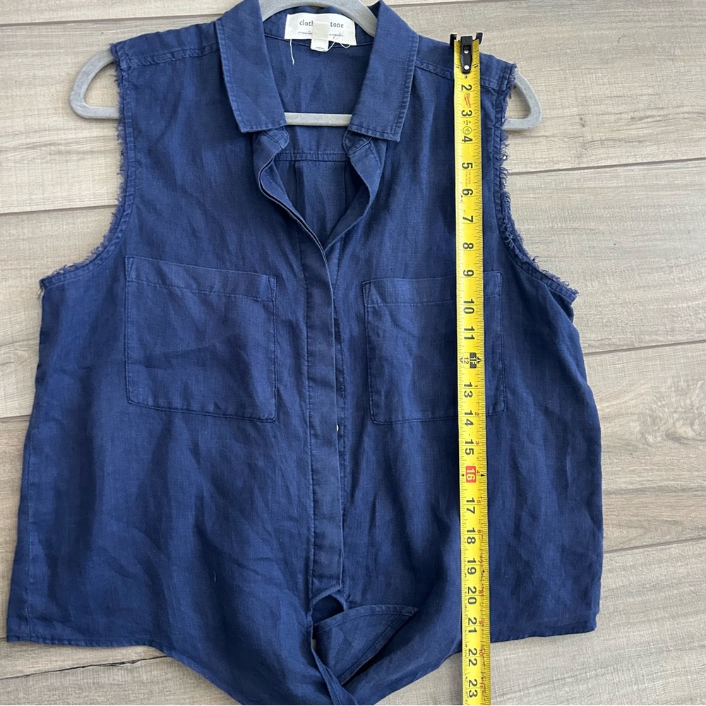 Cloth & Stone Navy Blue Linen Sleeveless Fringe Button Down Tie Waist Blouse M - Picture 9 of 10